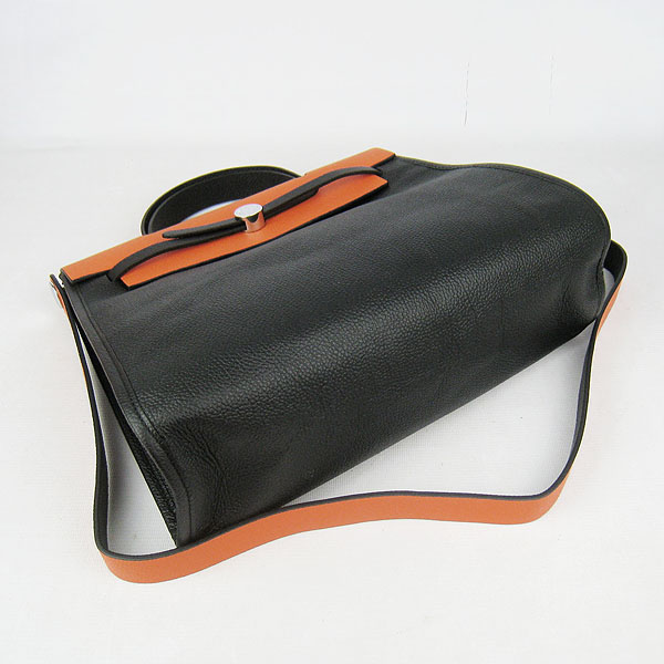 7A Replica Hermes Black/Orange Kelly 32cm Togo Leather Bag 60667